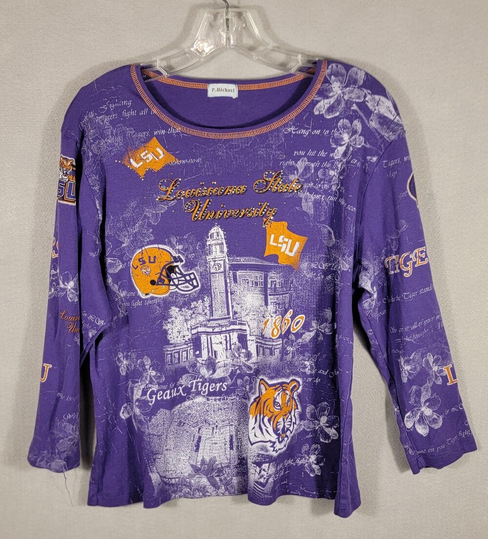 P. Michael LSU Tigers All Over Print Long Sleeve Shirt Purple Gold Graphic Top
